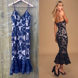 Navy Blue Floral Mesh Lace Trumpet Midi Dress 🌿